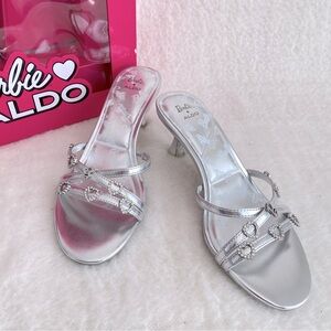 ALDO x Barbie Women's Barbiemule Strappy Kitten Heel Sandals, Silver, Womens 7.5